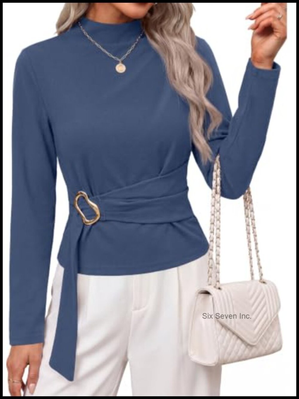 Long Sleeve Mock Neck Belted Peplum Blouse Business Casual Top
